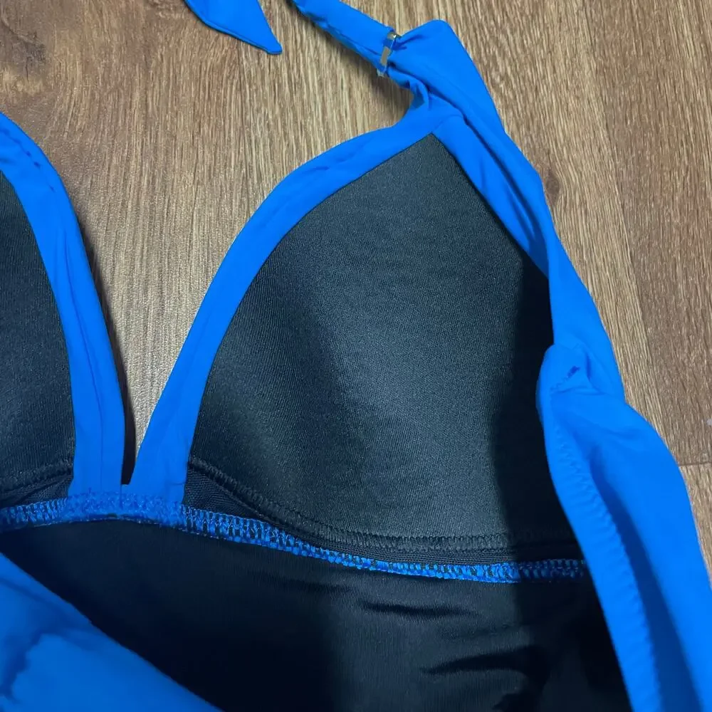 Lands End Solid Blue Ruched Slimming Womens Halter Tankini Swim Top Size 2